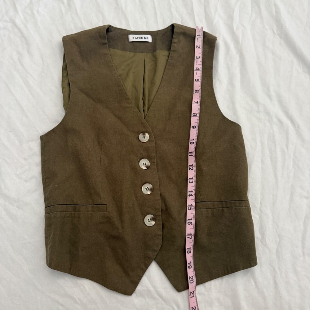 Katch Me Womens Olive Green Linen Blend Vest S Coastal Grandmother Earthy - Picture 4 of 7